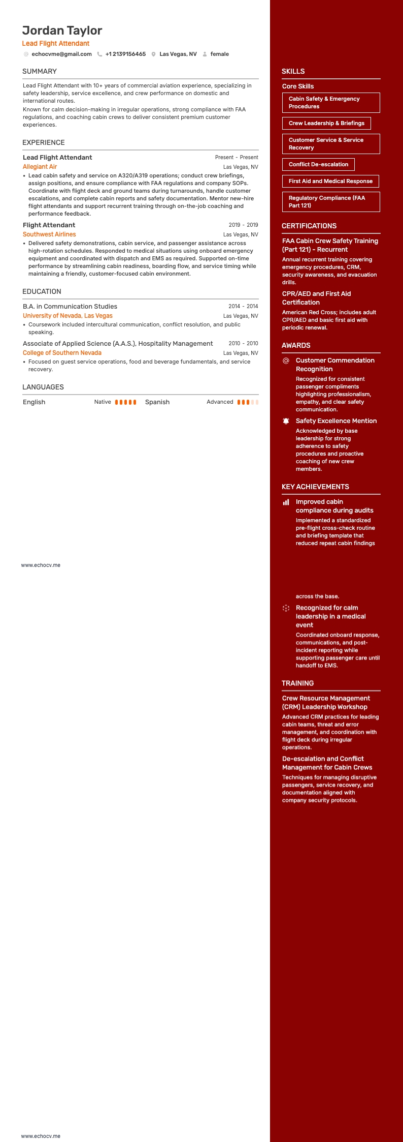 主任客室乗務員 example resume