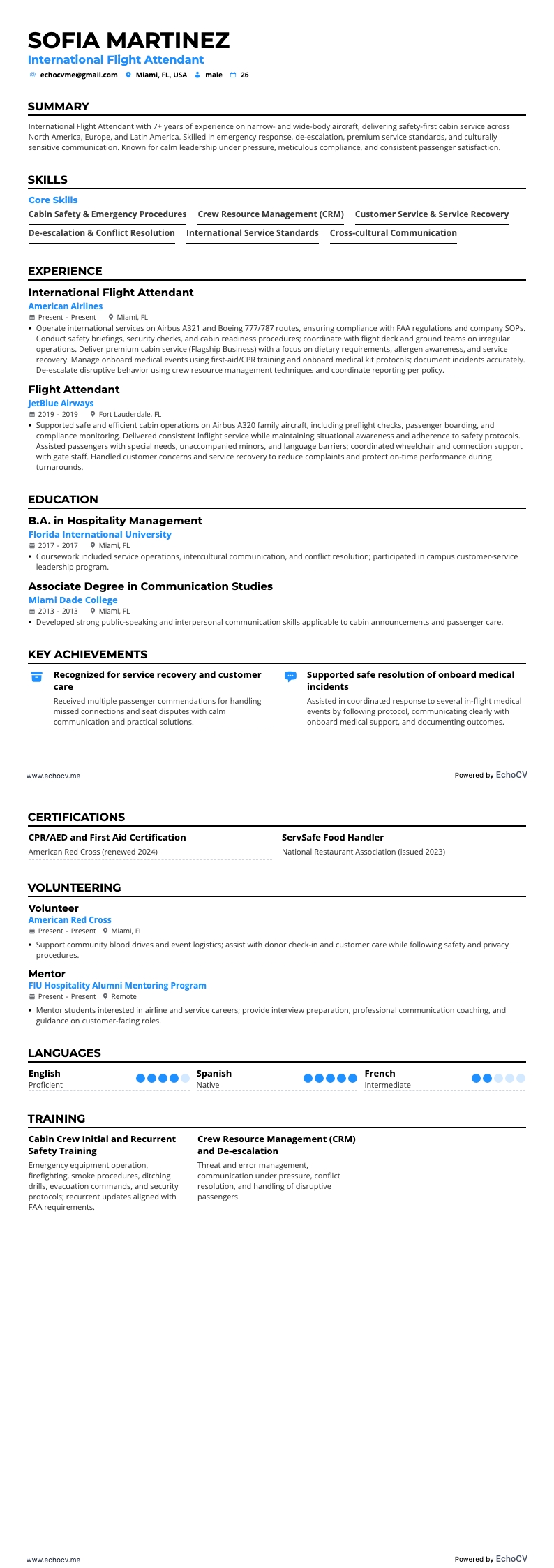 Flygvärd/Flygvärdinna resume example