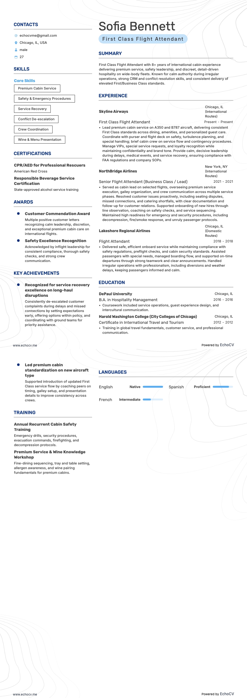 ファーストクラス客室乗務員 example resume