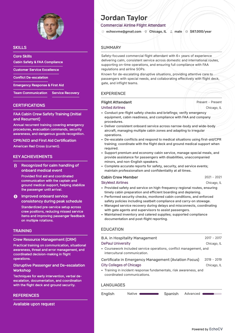 객실 승무원 resume example