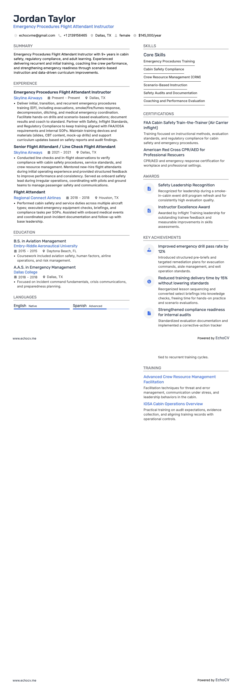 緊急手順担当客室乗務員インストラクター example resume