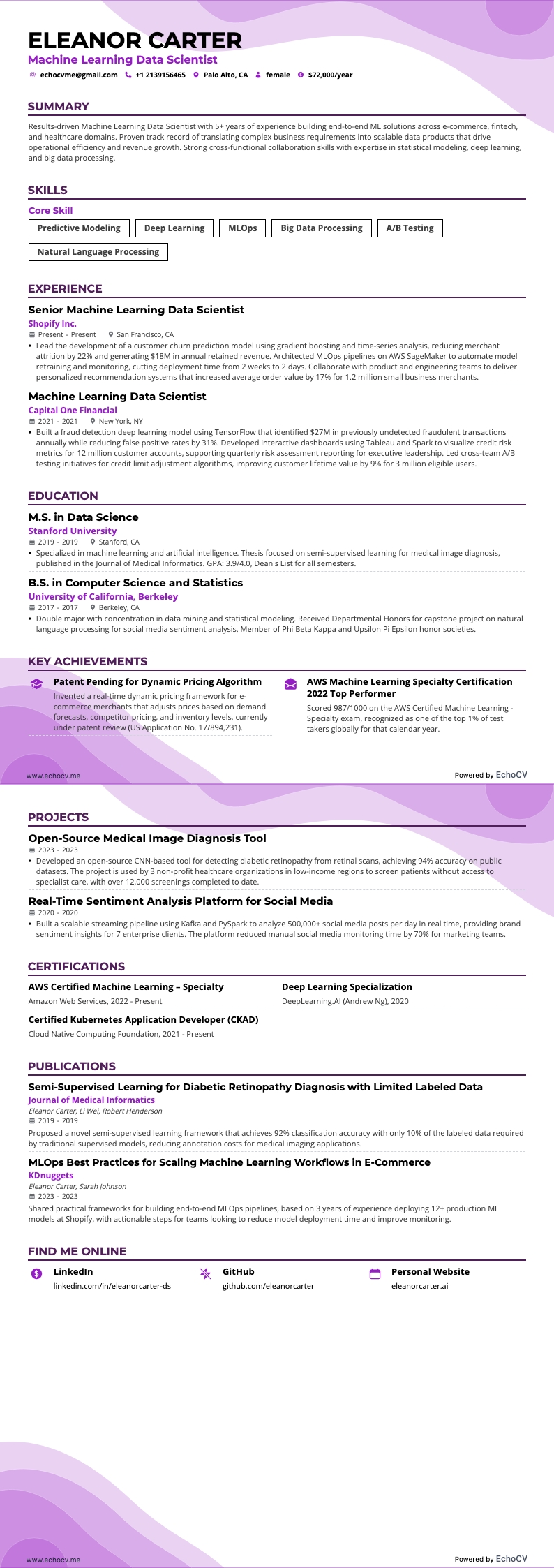 Machine Learning Data Scientist example resume