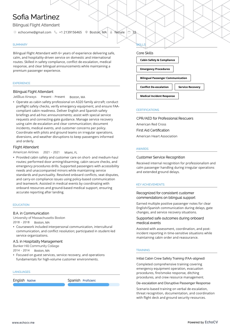 バイリンガル客室乗務員 example resume