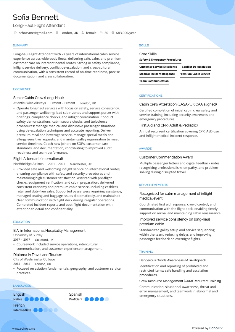 長距離便客室乗務員 example resume