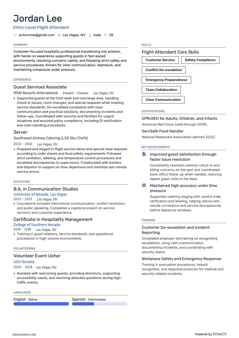 未経験向け客室乗務員 example resume