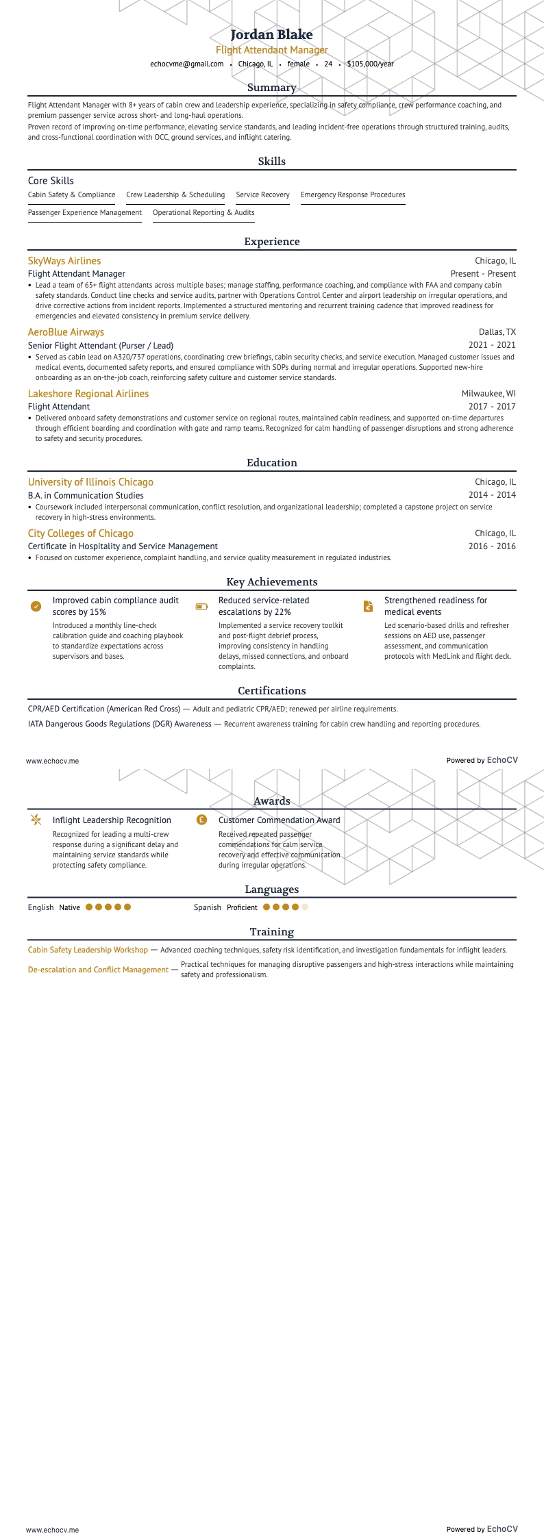 客室乗務員マネージャー example resume
