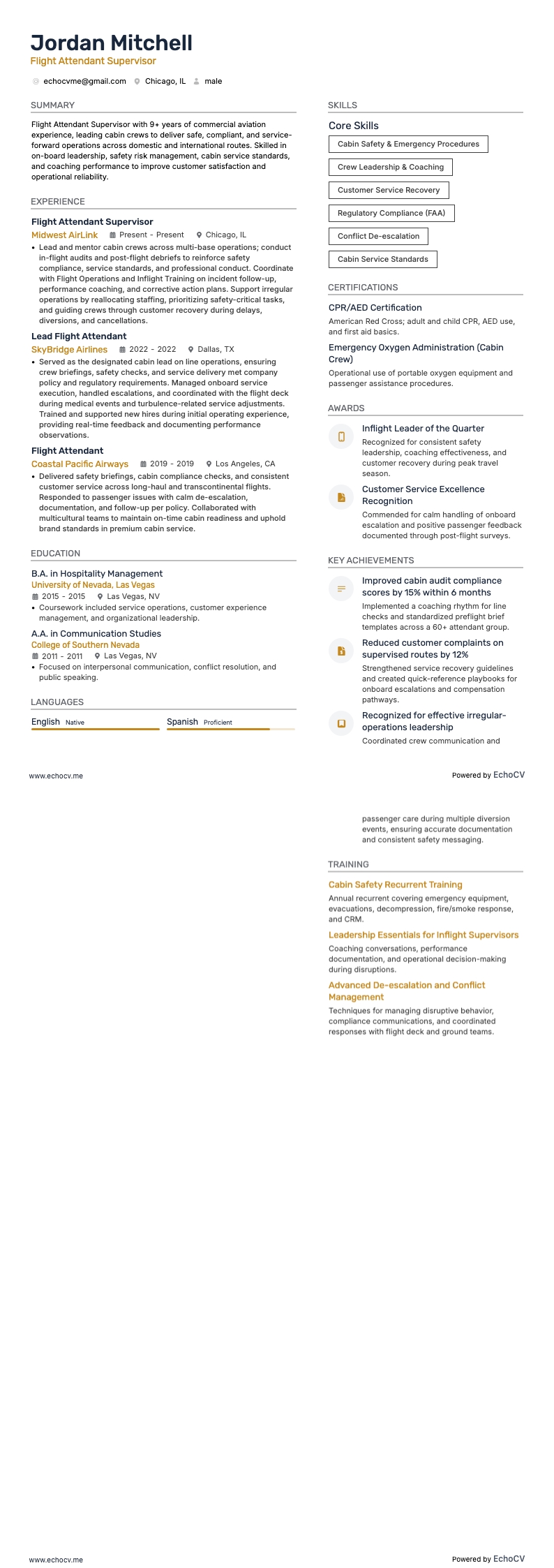 Assistente di volo resume example