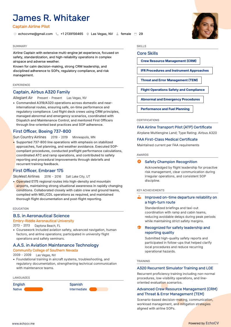 エアライン機長 example resume