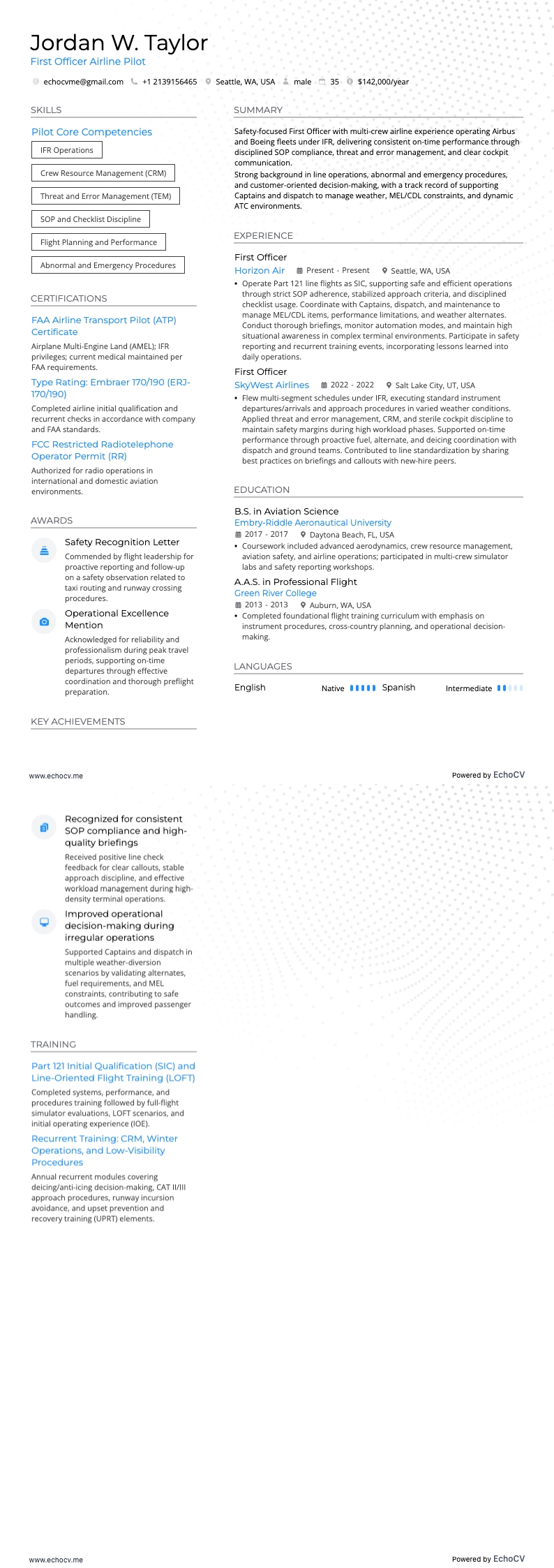 航空会社副操縦士 example resume