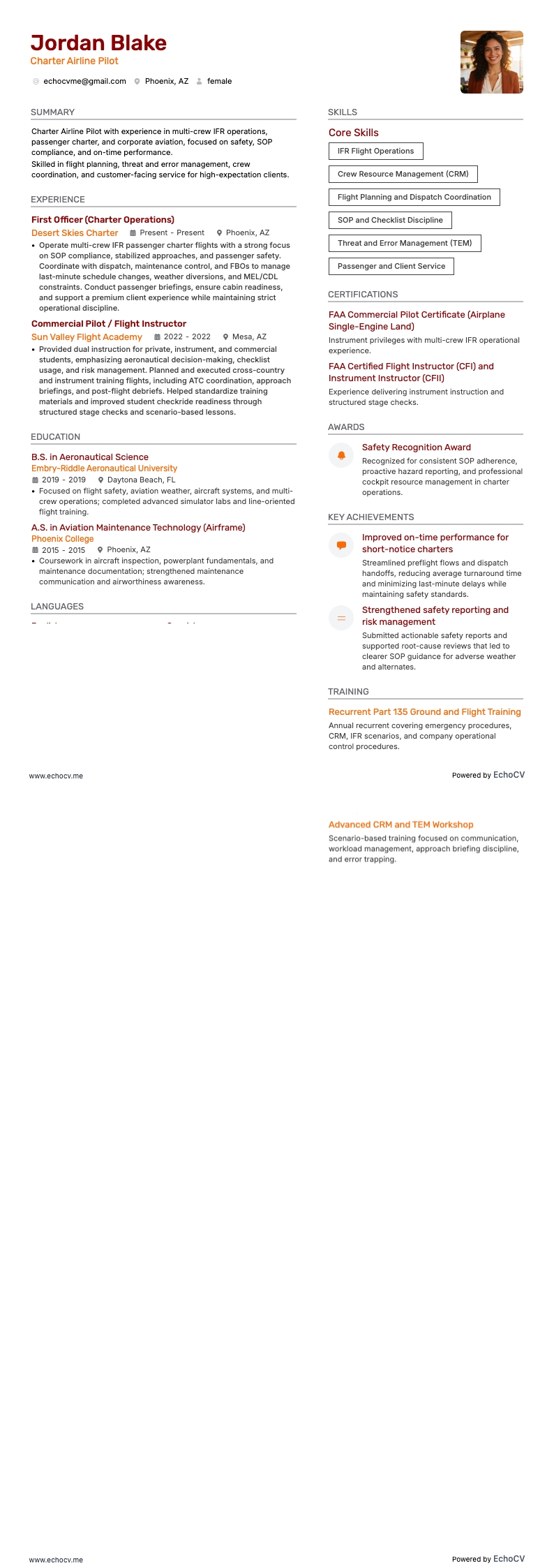 チャーター便パイロット example resume