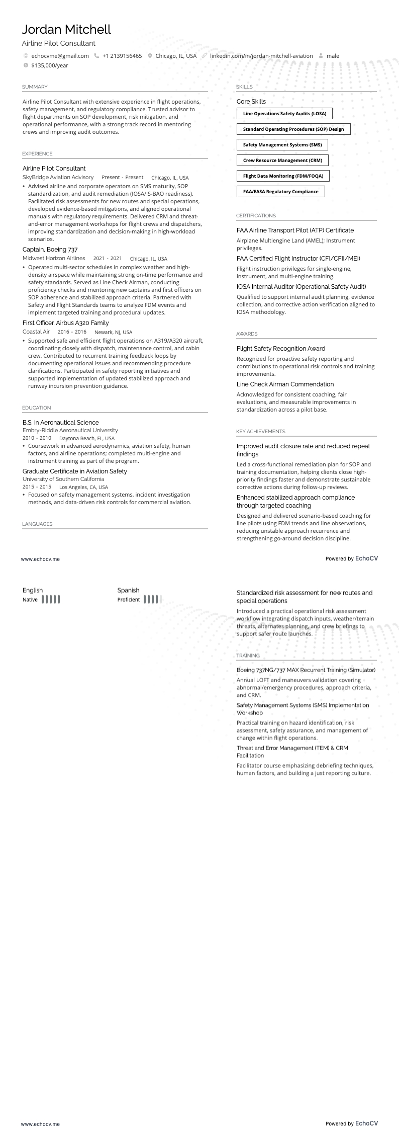 エアラインパイロットコンサルタント example resume