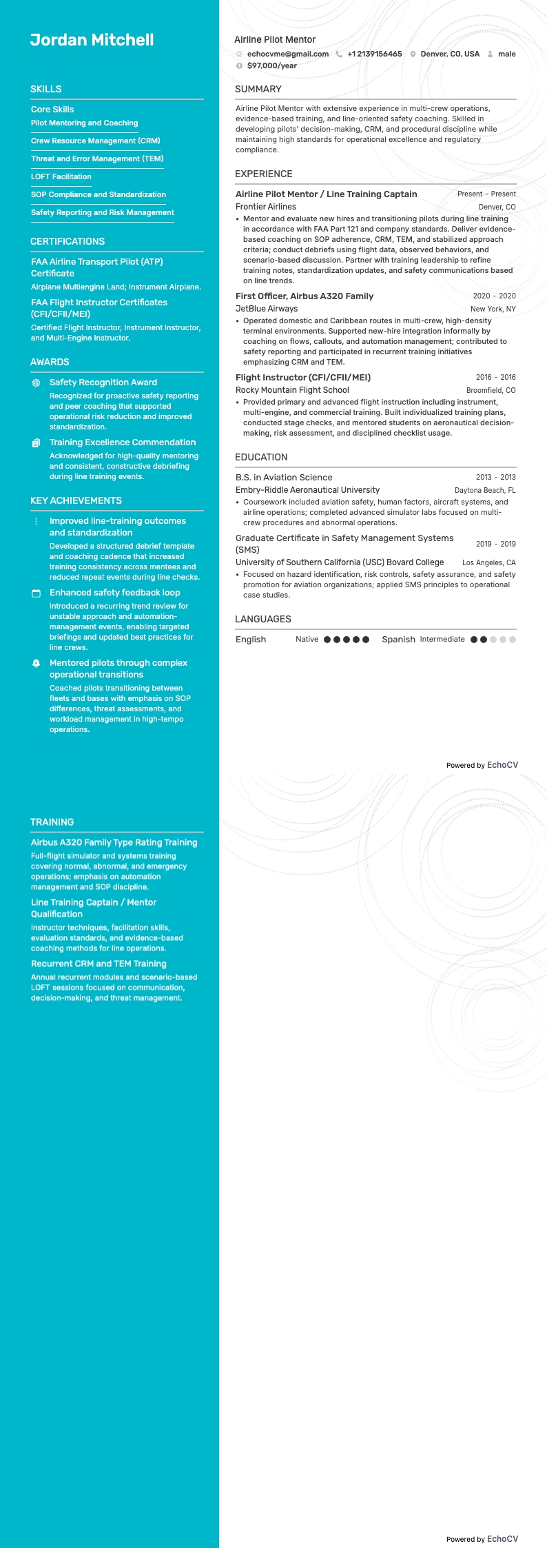 エアラインパイロットメンター example resume