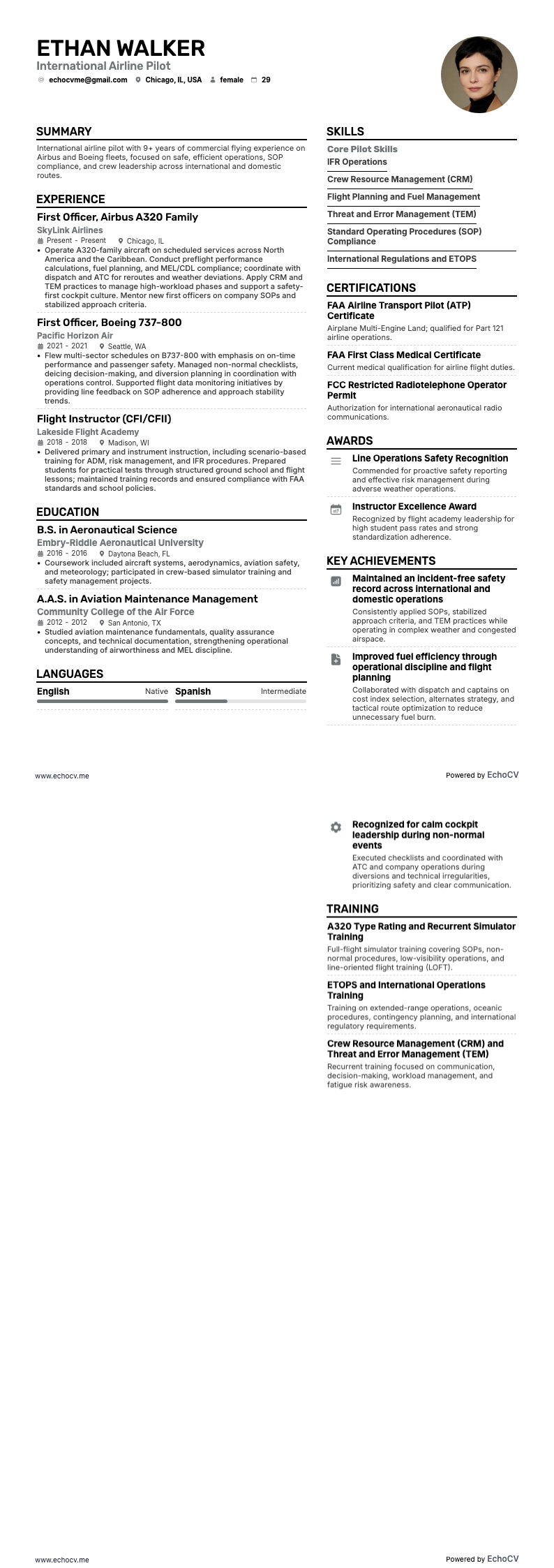 国際航空会社パイロット example resume