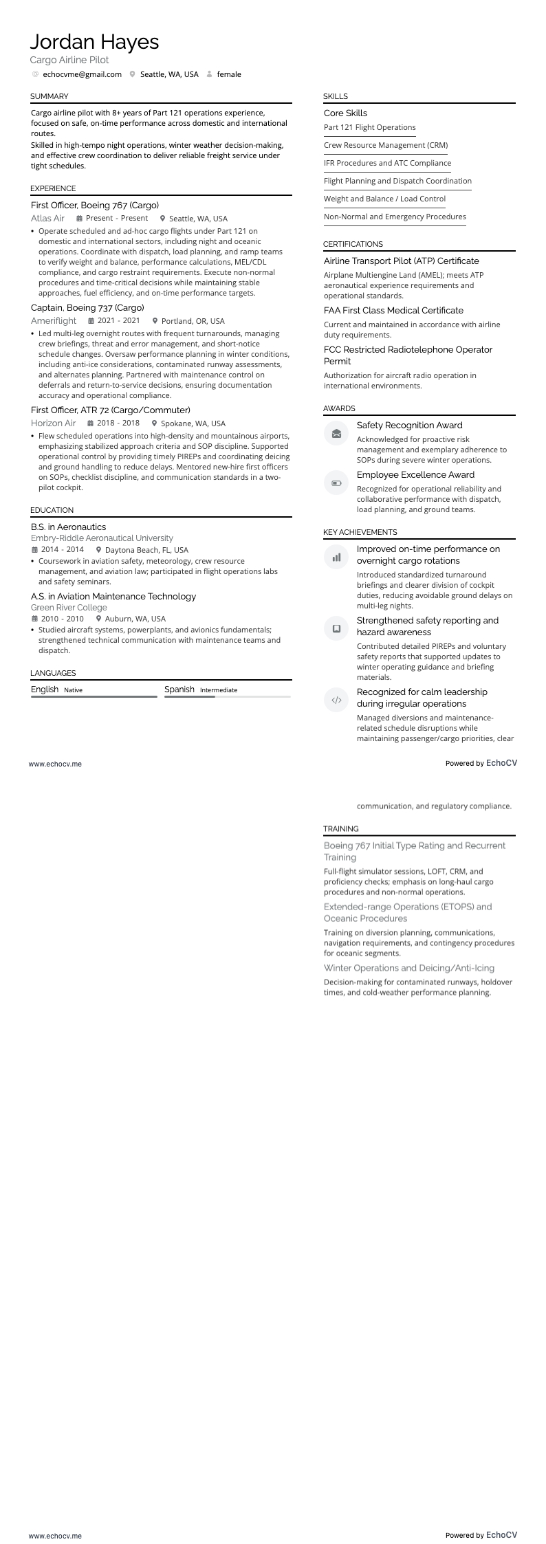 Piloto resume example