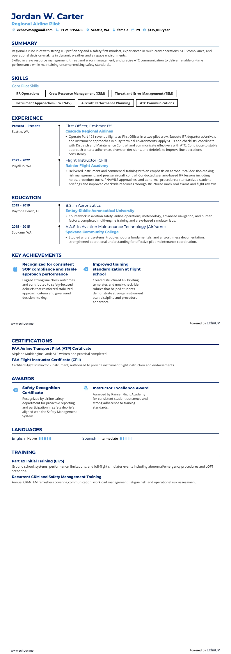 地方航空会社のパイロット example resume