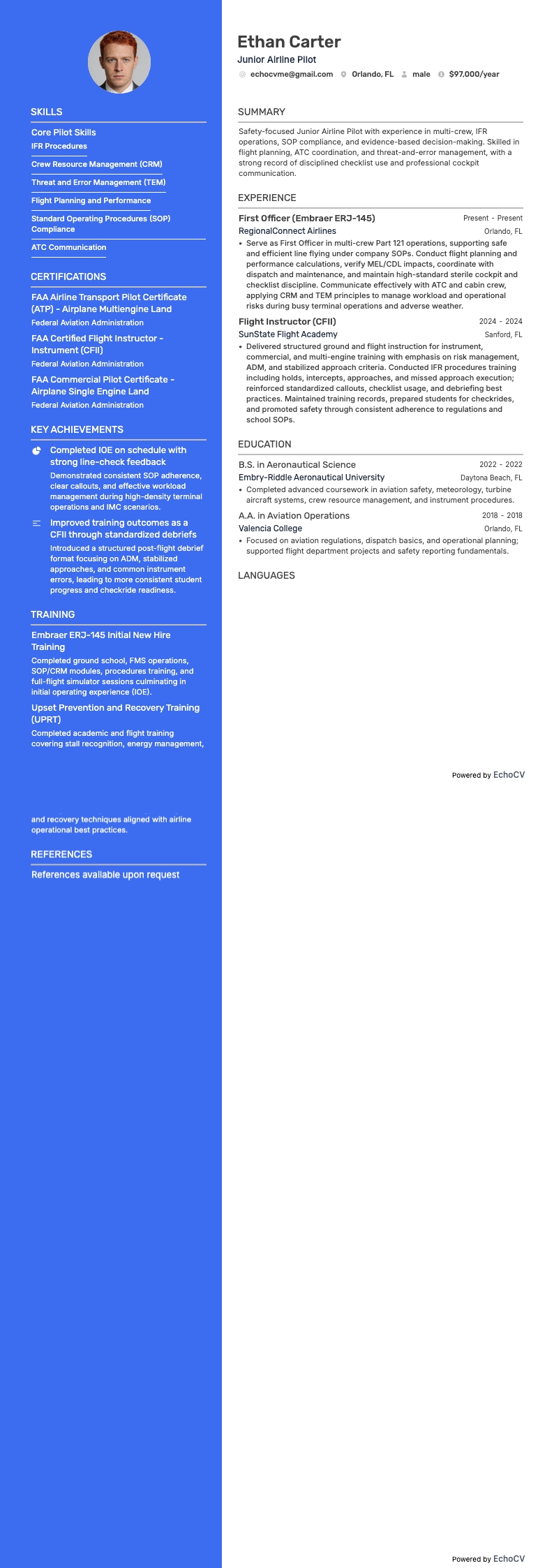 パイロット resume example