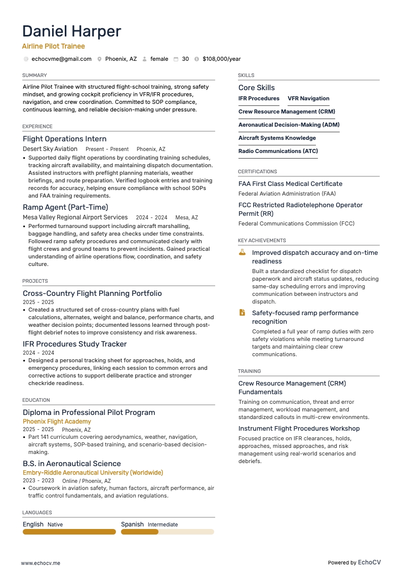 航空会社パイロット研修生 example resume