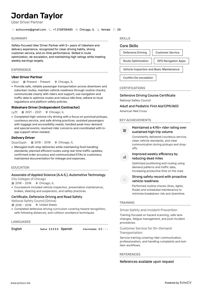 Uber Driver Partner example resume