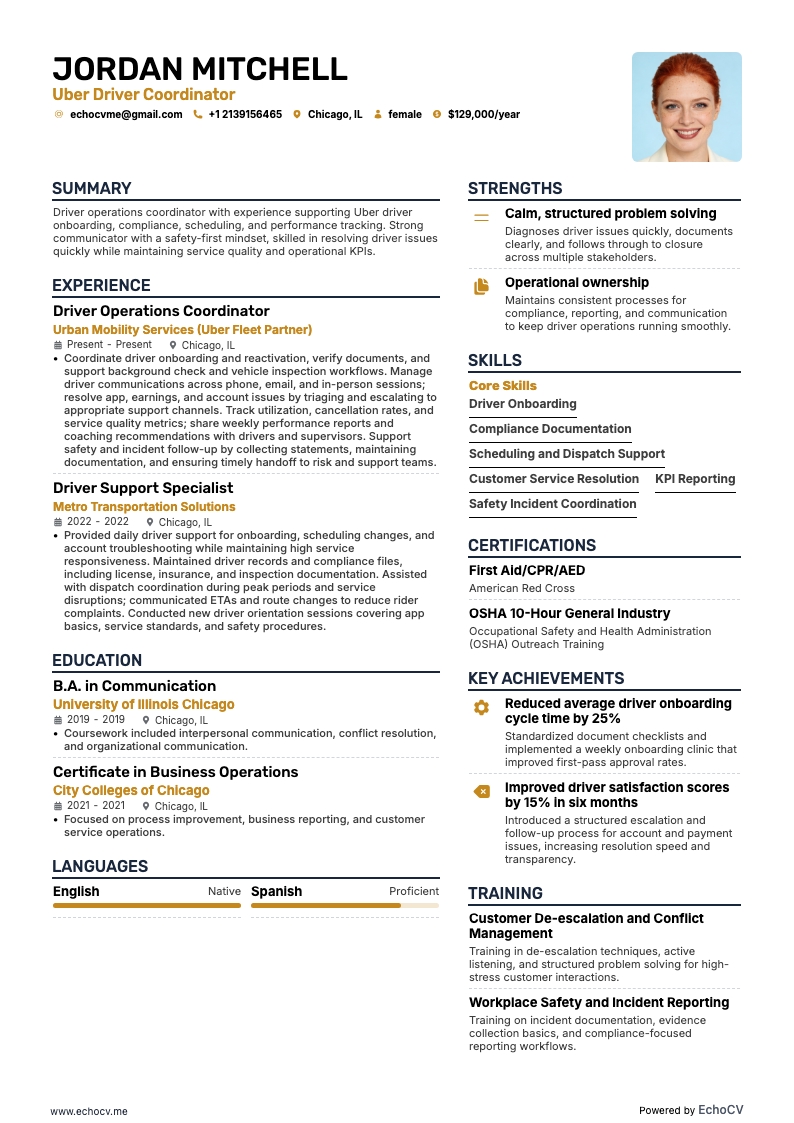 Chauffeur Uber resume example