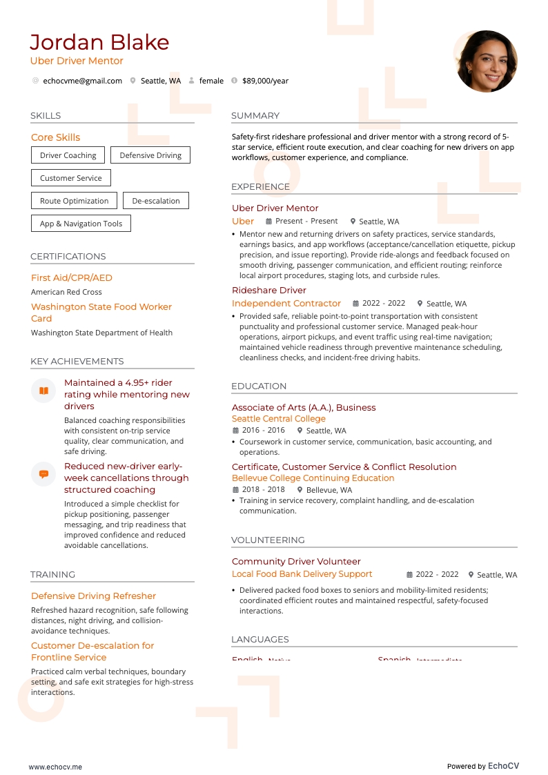 Uber Driver resume example
