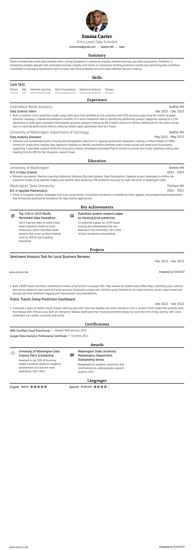 Entry-Level Data Scientist example resume