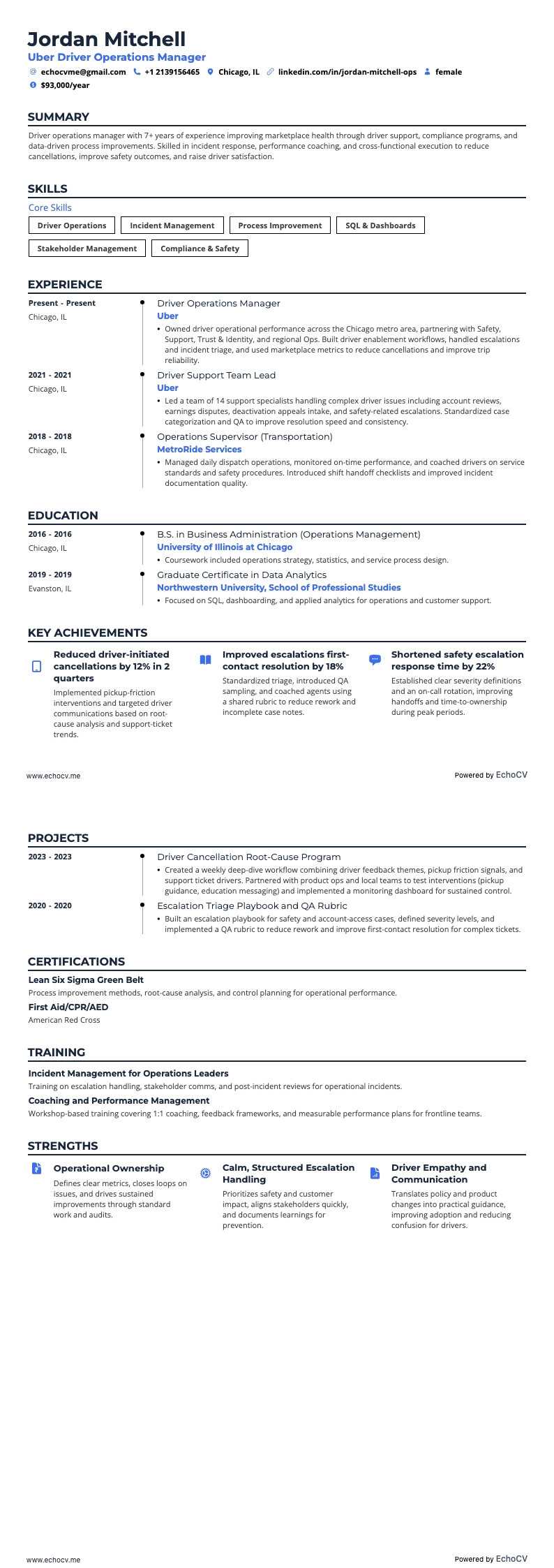 Chef för förarverksamheten på Uber resume example