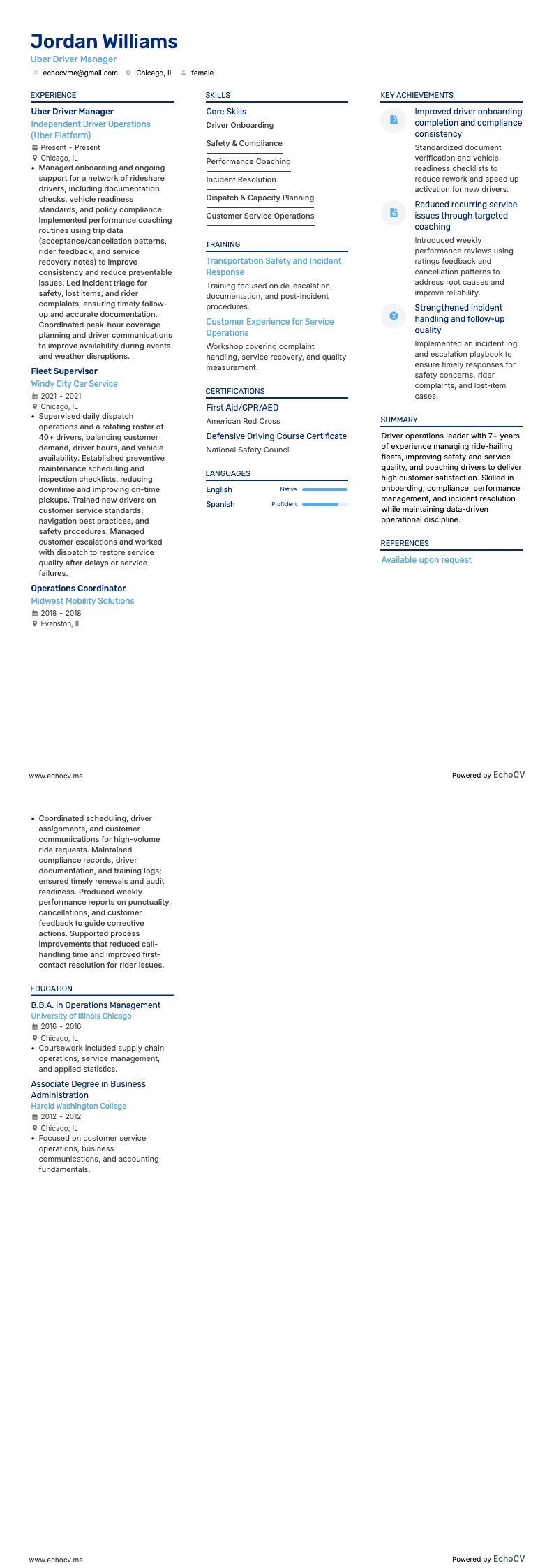 Uber Driver Manager example resume