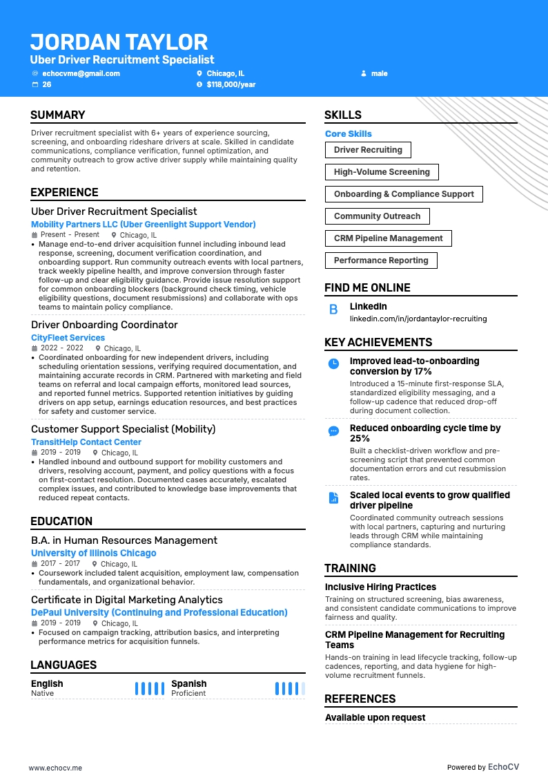 Uber Driver Recruitment Specialist example resume