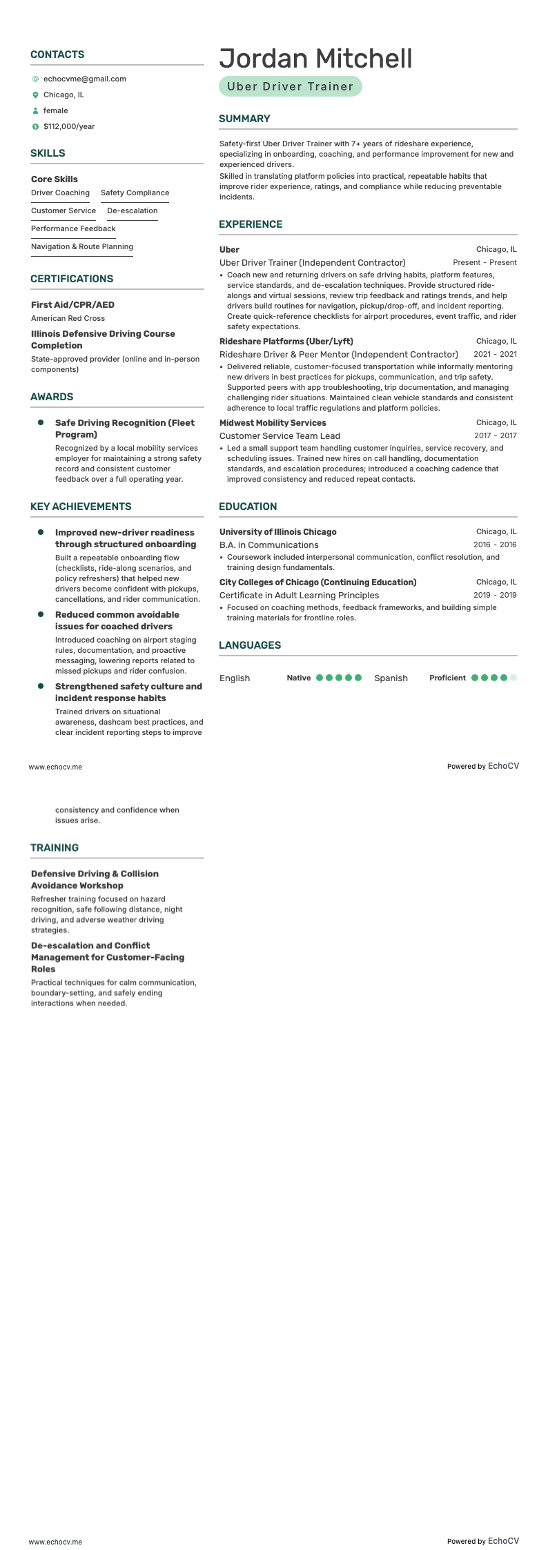 Uber Driver Trainer example resume