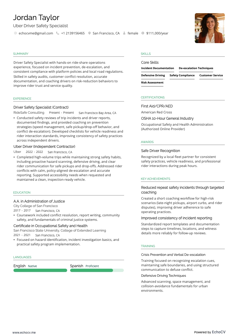 Motorista de Uber resume example