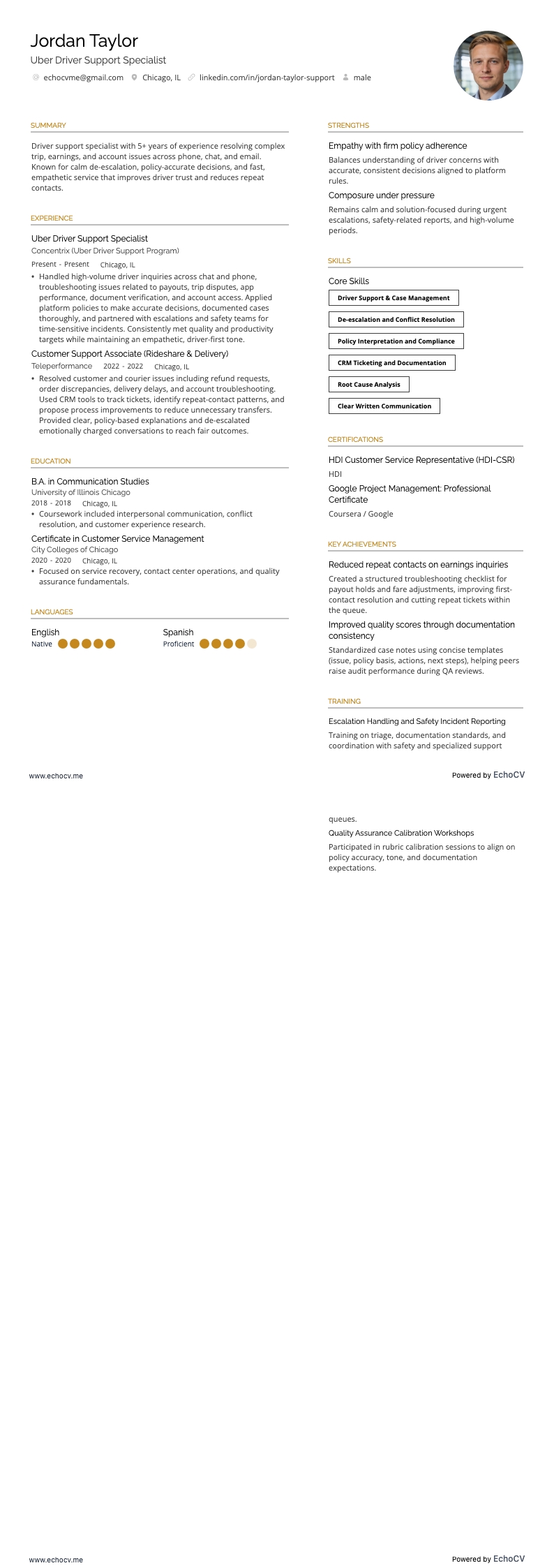 우버 드라이버 resume example