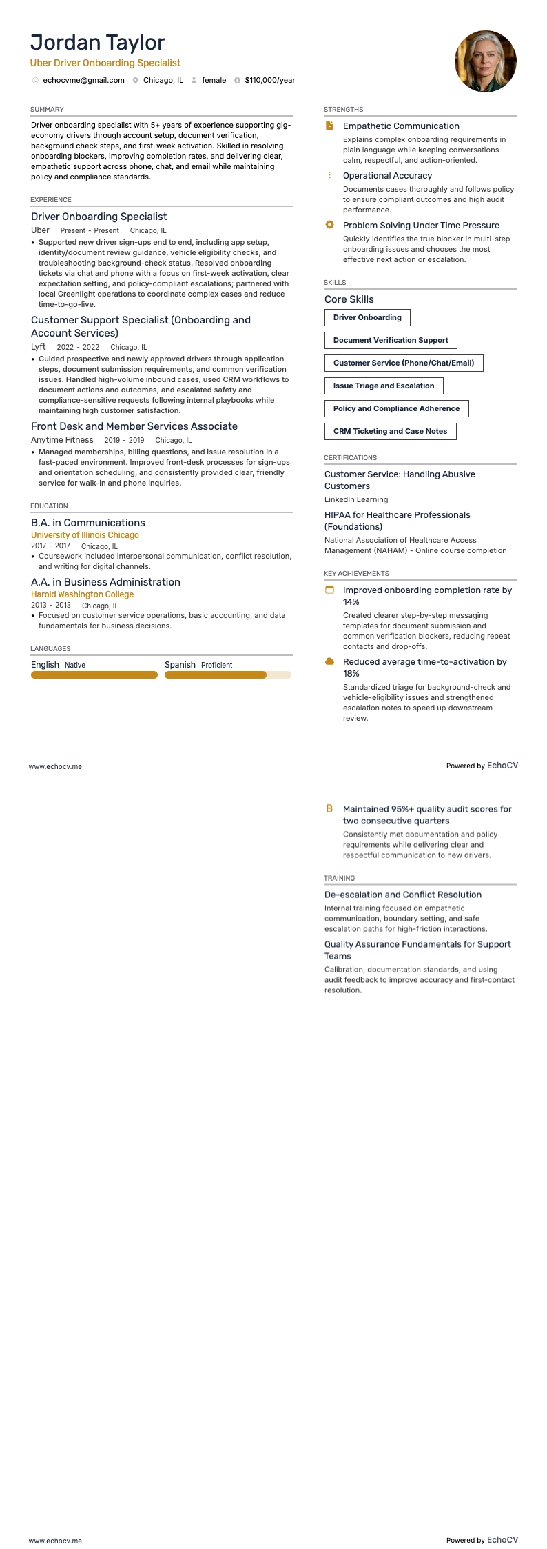 Uber Driver Onboarding Specialist example resume