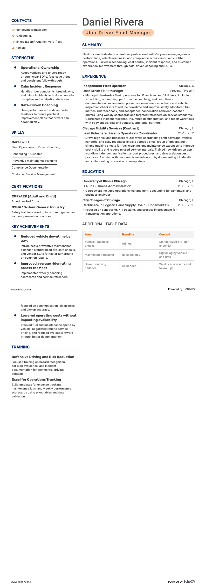 Uber Driver Fleet Manager example resume