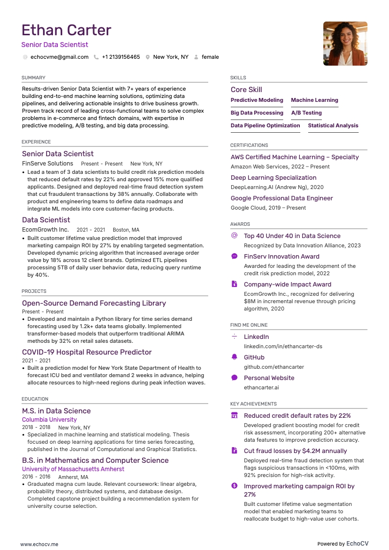 Senior Data Scientist example resume