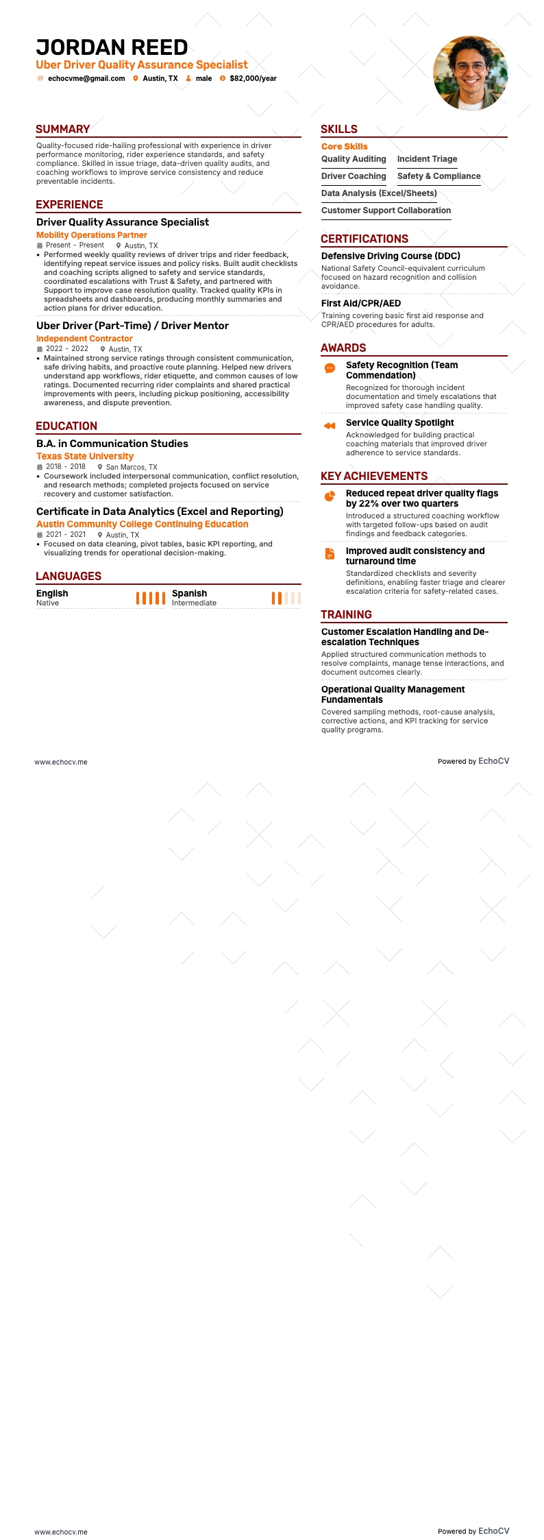 Uber Driver Quality Assurance Specialist example resume