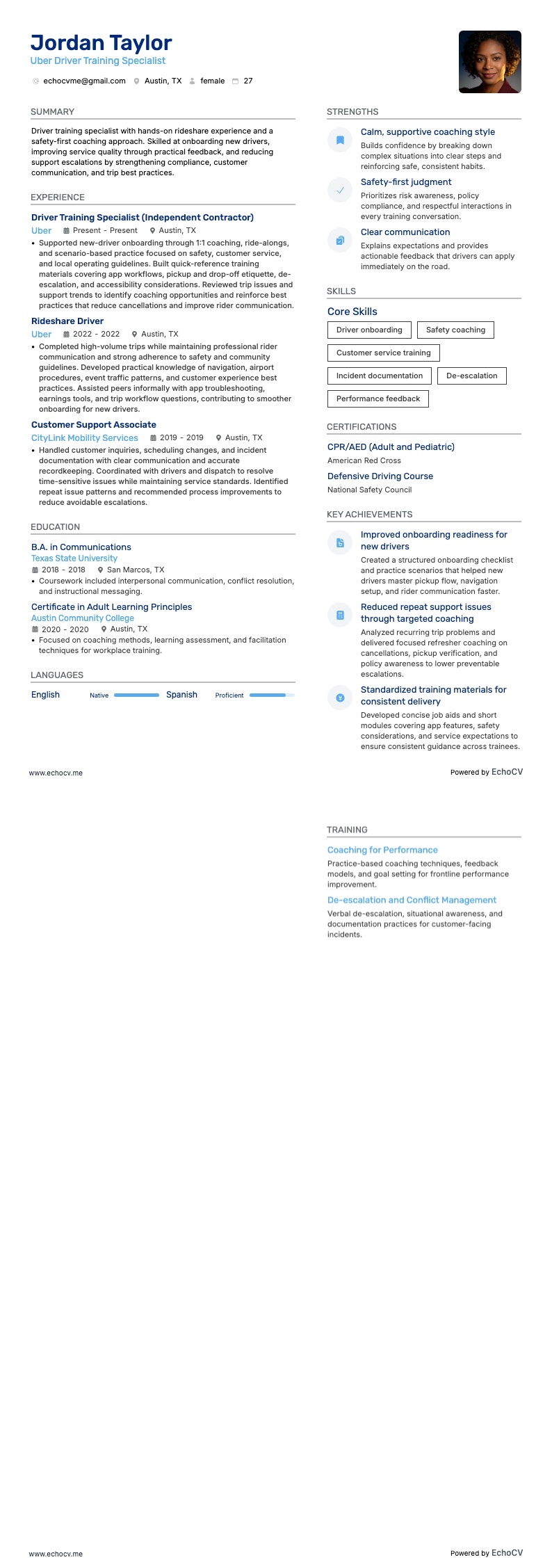 Uber Driver Training Specialist example resume