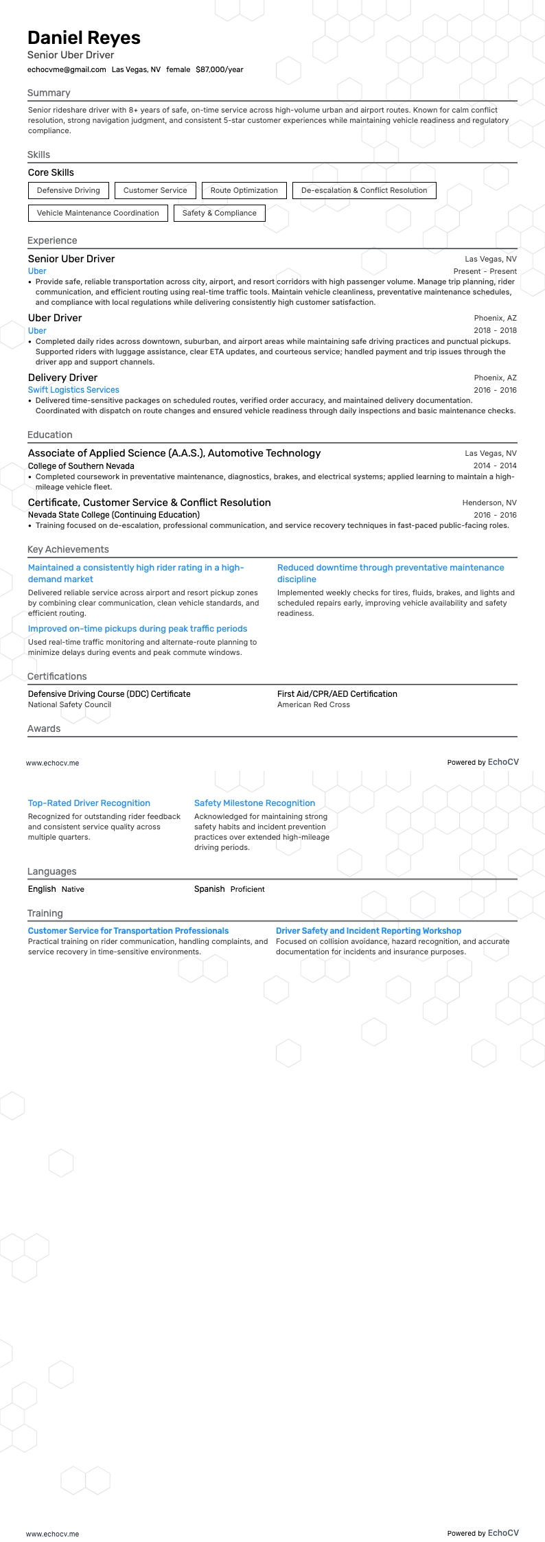 Senior Uber Driver example resume