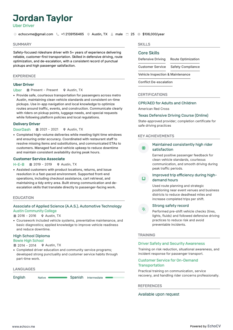 Uber-chauffeur example resume
