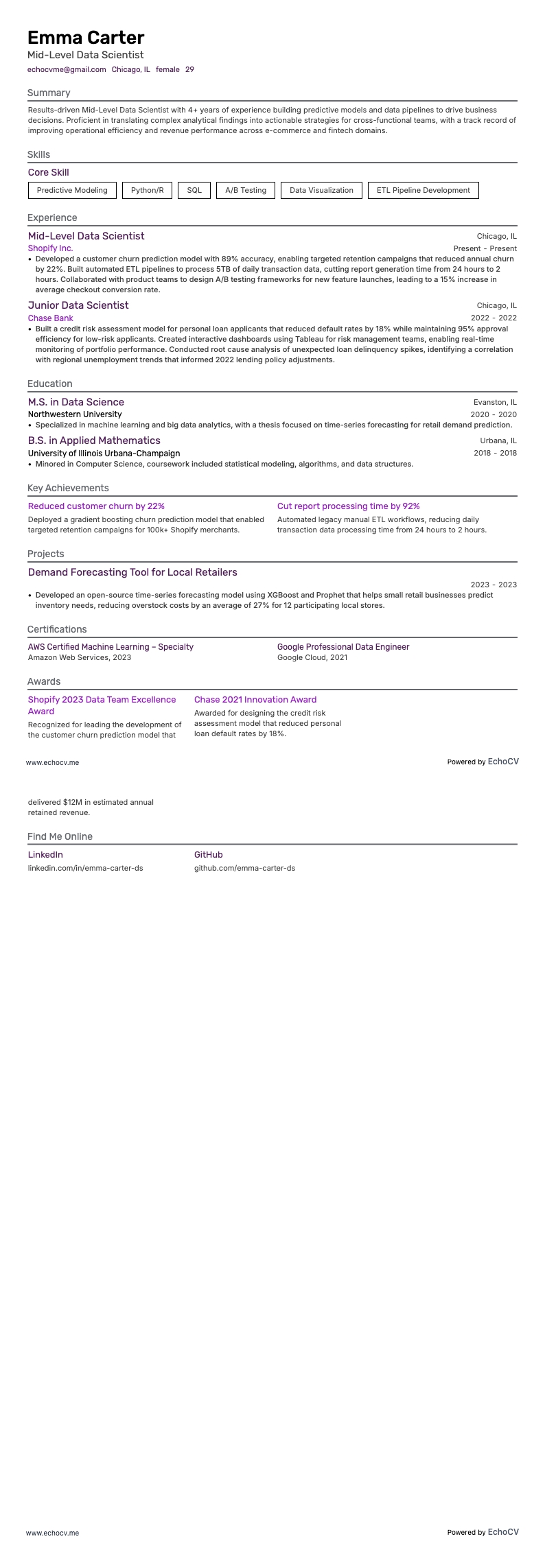 Mid-Level Data Scientist example resume