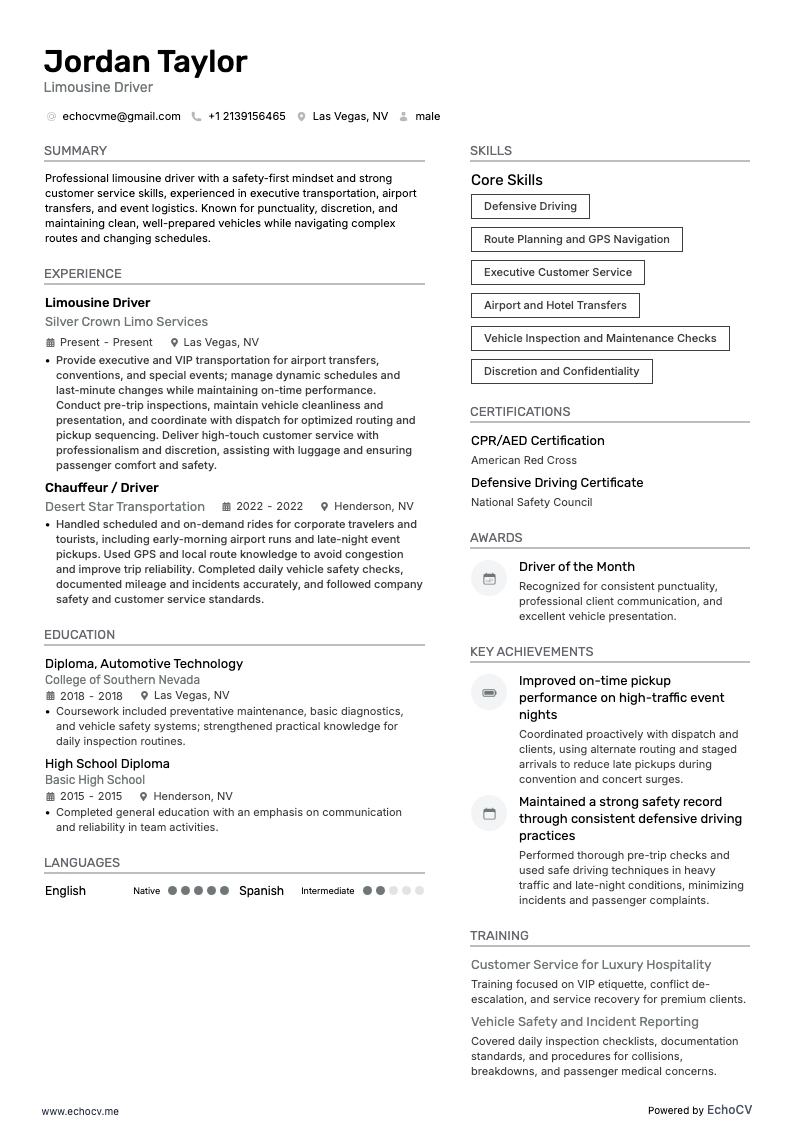 Limousinechauffeur example resume