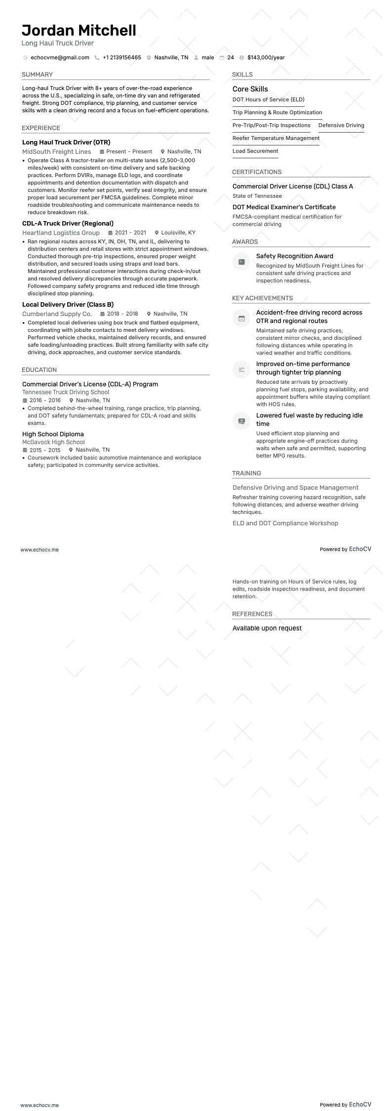 長距離トラック運転手 resume example