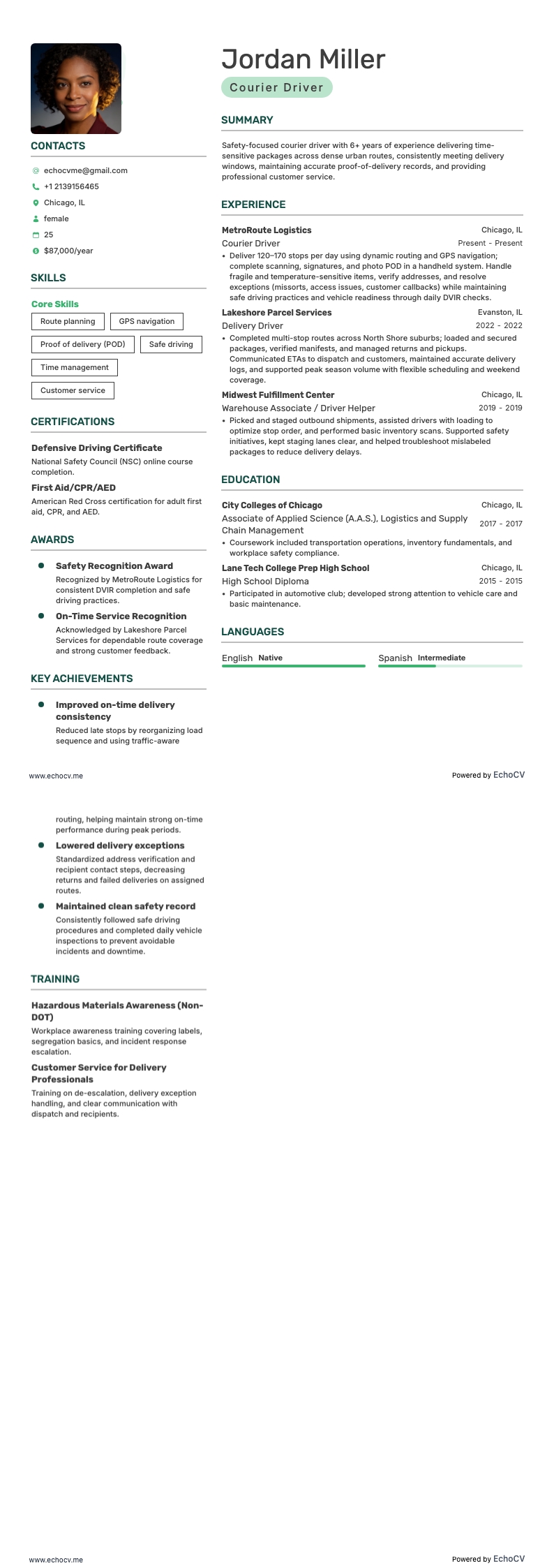 Koerierchauffeur example resume