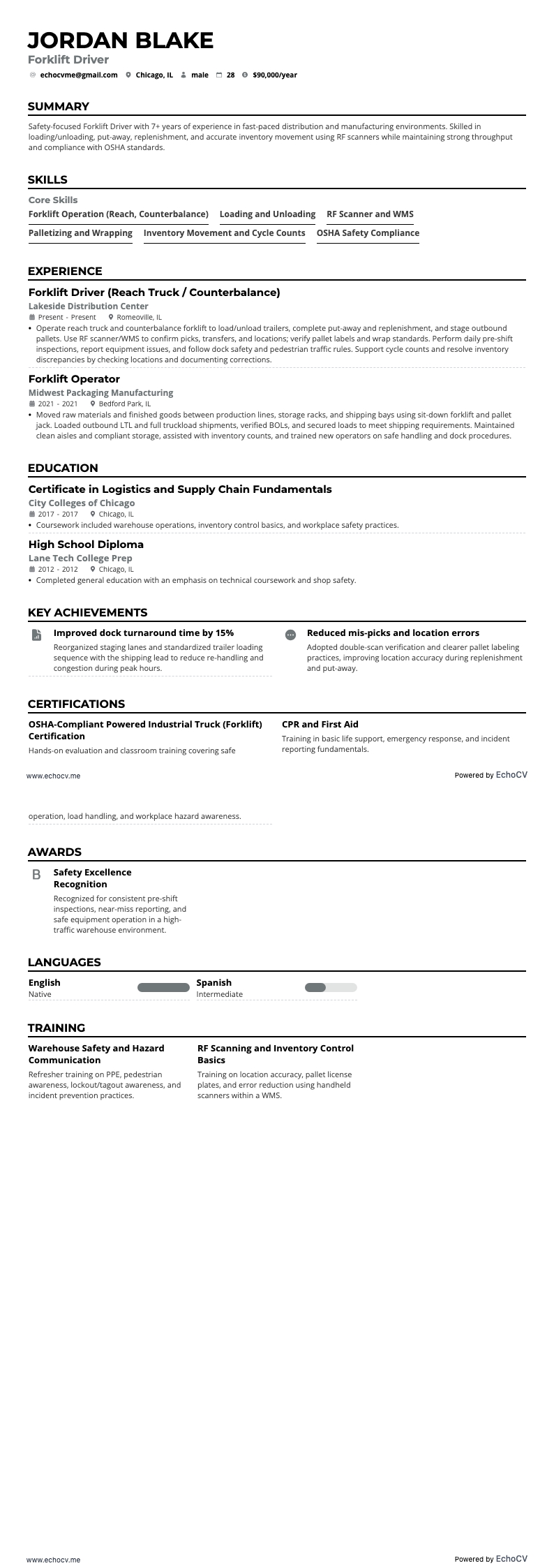 Heftruckchauffeur example resume