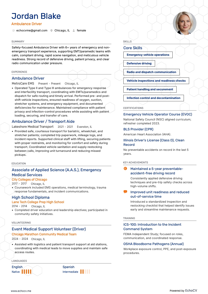 Ambulancechauffeur example resume