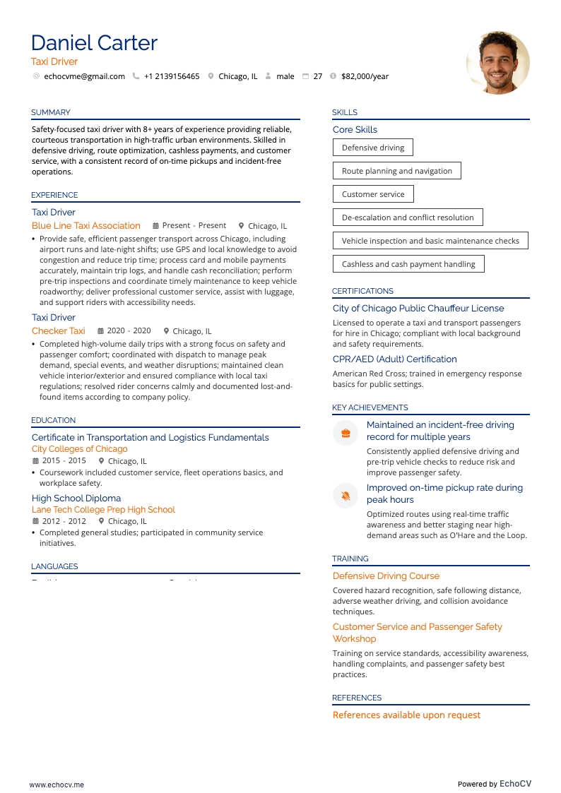 Taxichauffeur example resume