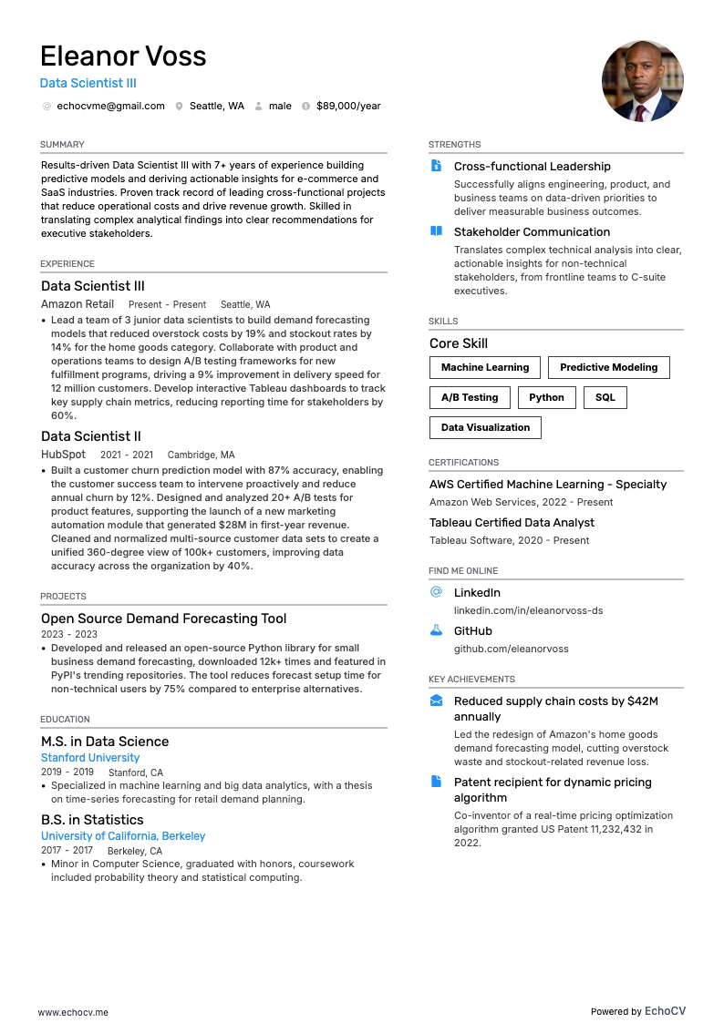 Data Scientist III example resume
