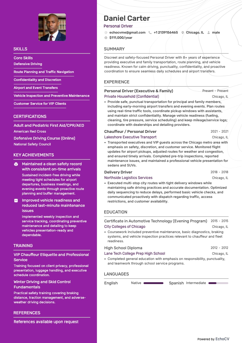 Persoonlijk chauffeur example resume