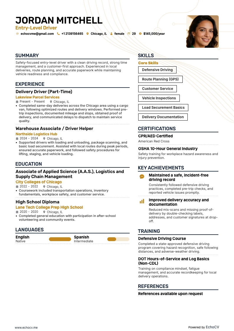 Chauffeur op instapniveau example resume