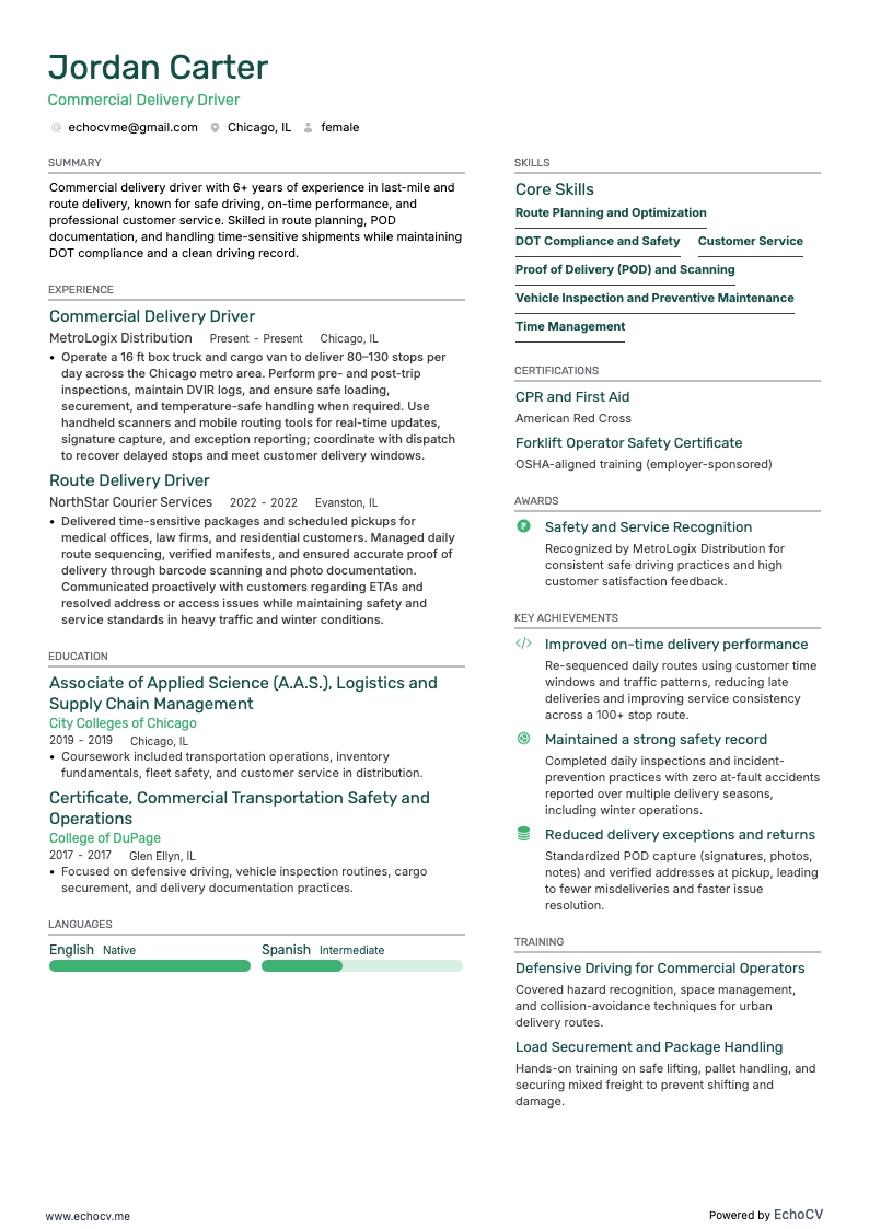 Commercial Delivery Driver example resume