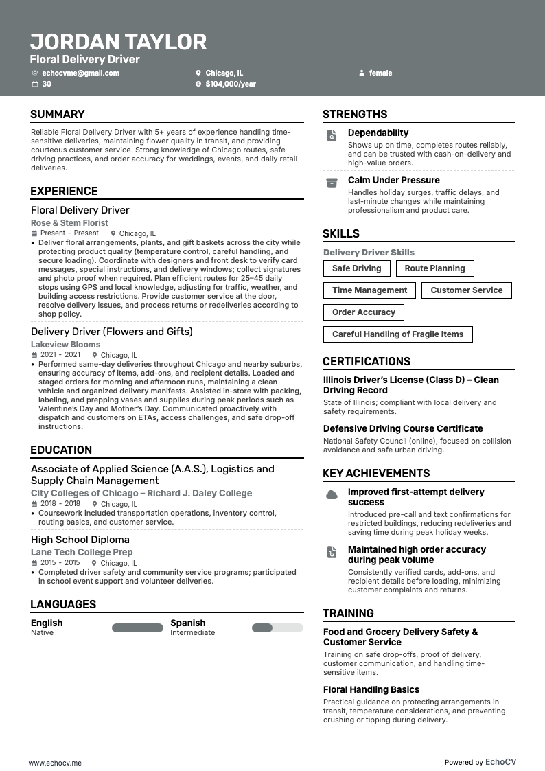 Floral Delivery Driver example resume